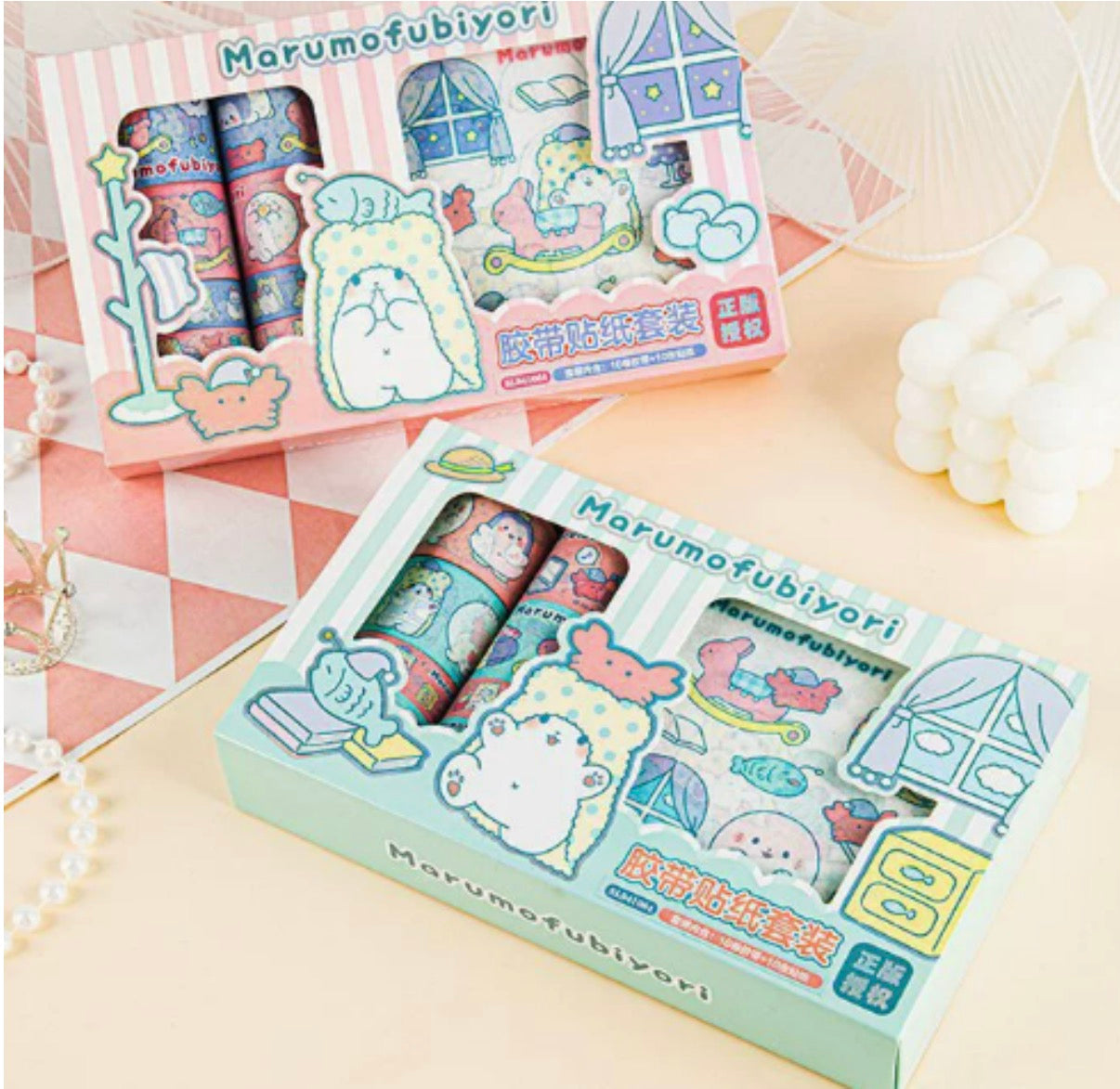 Marumofubiyori licensed Blanket Bear washi tape set - 6 boxes (3 of each color)