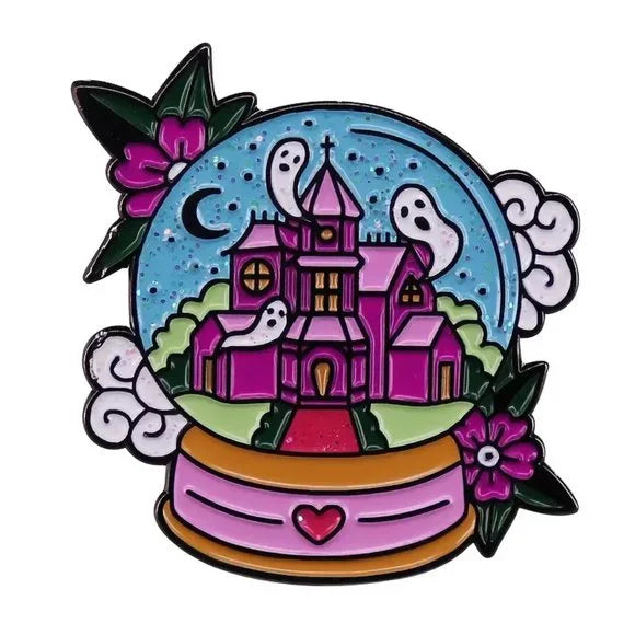 Spooky Haunted snow globe enamel pin